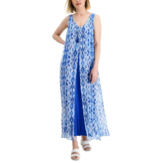 JM Collection Womens Printed Chiffon Overlay Maxi Dress Deep Cobalt Combo L