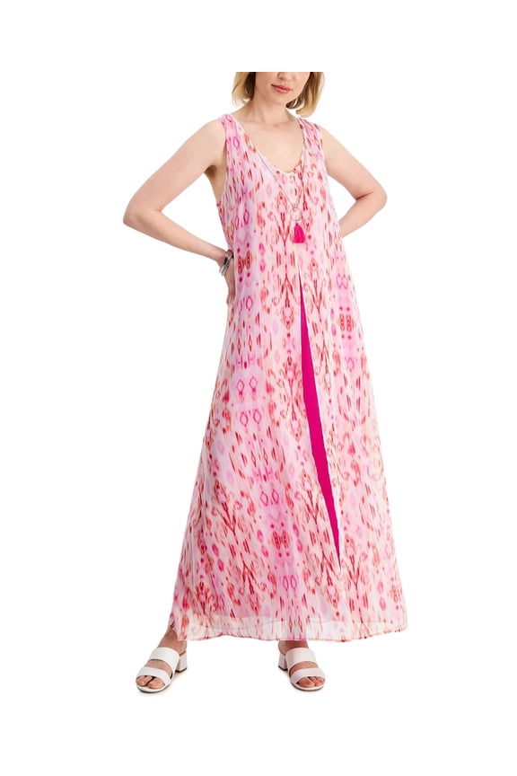Womens Printed Chiffon Overlay Maxi Dress Fuchsia Tulip Combo XL
