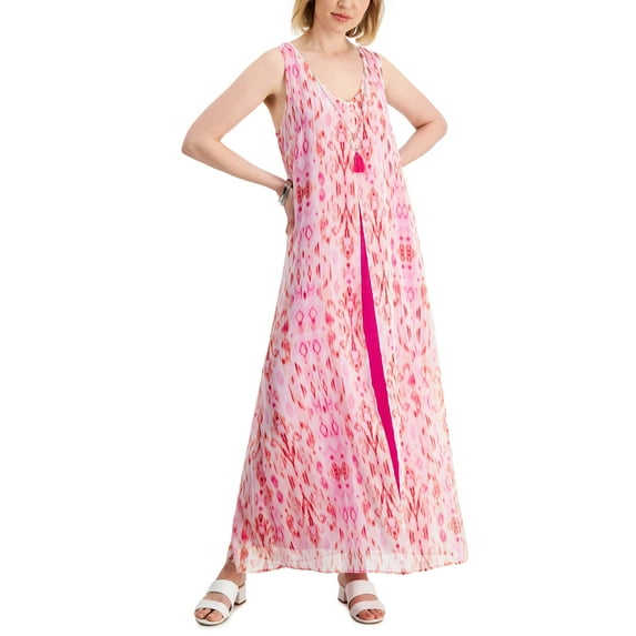JM Collection Womens Printed Chiffon Overlay Maxi Dress Fuchsia Tulip Combo XL