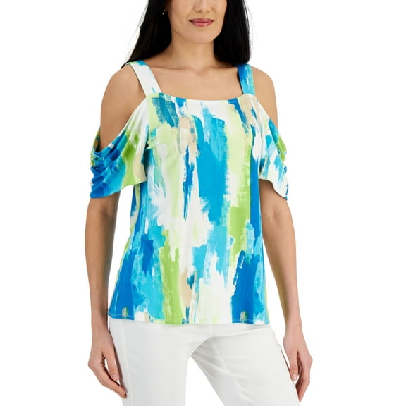 JM Collection Womens Printed Cold Shoulder Top Blue Club Combo S