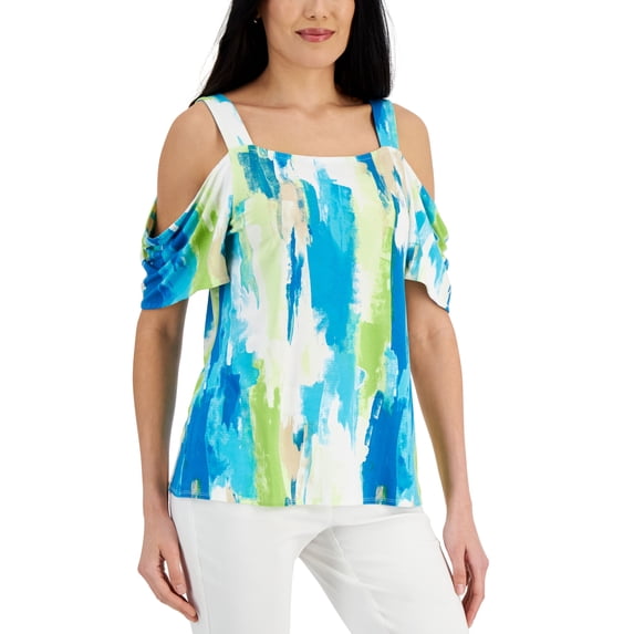 JM Collection Womens Printed Cold Shoulder Top Blue Club Combo S