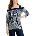 thumbnail image 1 of JM Collection Womens Printed Cold-Shoulder Top Intrepid Blue Combo L, 1 of 1