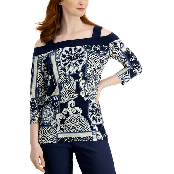 JM Collection Womens Printed Cold-Shoulder Top Intrepid Blue Combo L