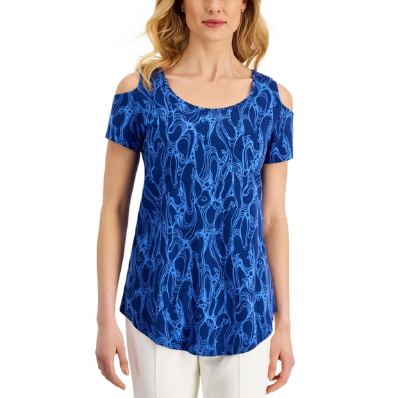 JM Collection Womens Printed Cold Shoulder Top Navy Peony Combo M