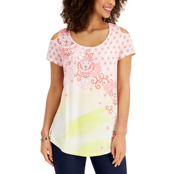 JM Collection Womens Printed Cold-Shoulder Top Starfish Combo XS