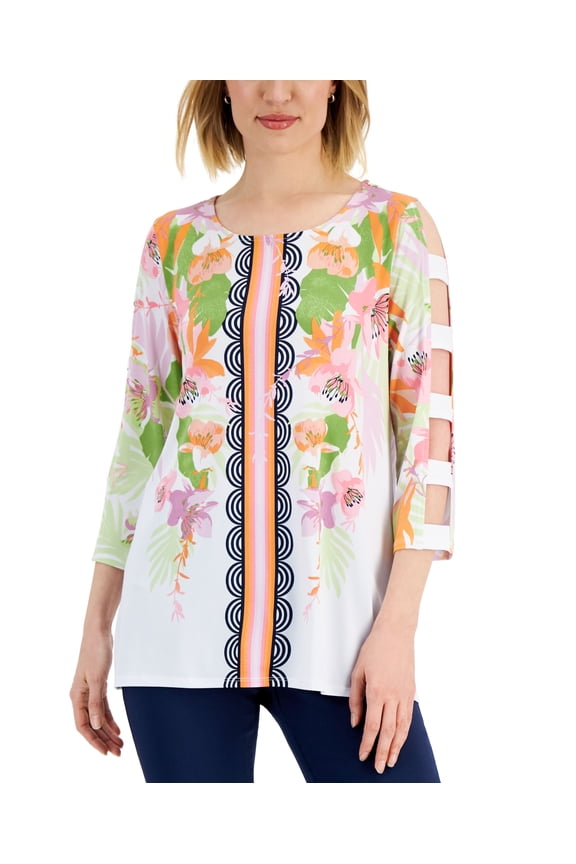 Womens Printed Cutout-Sleeve Top Bright White Combo 2XL