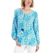JM Collection Womens Printed Peasant Top Seafoam Blue Combo L