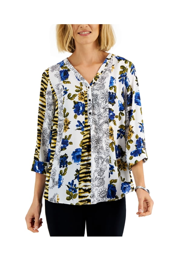 Womens Printed Roll Tab Sleeve Top Bright White Combo M