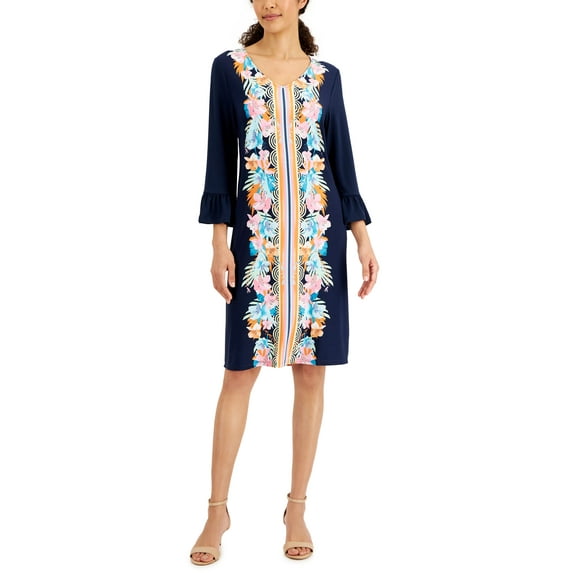 JM Collection Womens Printed Ruffled Sleeve Dress Intrepid Blue Combo M