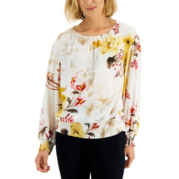 JM Collection Womens Printed Smocked Necklace Top Neo Natural Combo 2XL