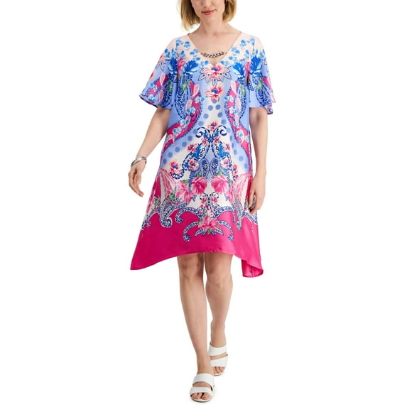 JM Collection Womens Printed Swing Dress Fuchsia Tulip Combo 2XL