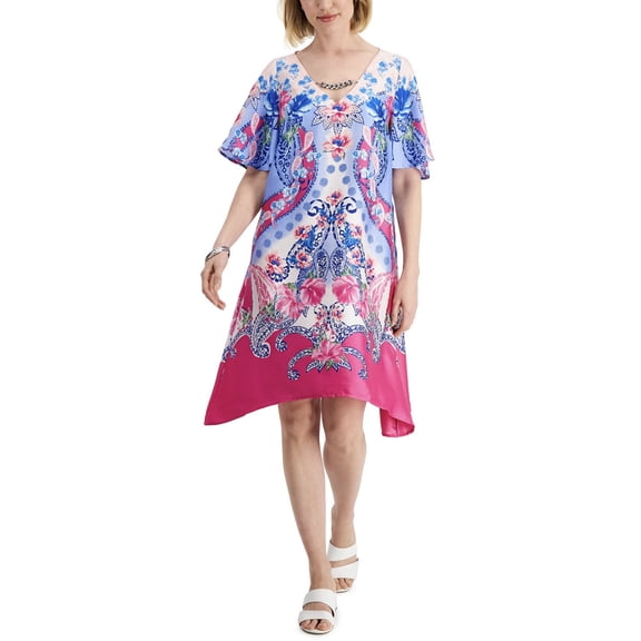 JM Collection Womens Printed Swing Dress Fuchsia Tulip Combo XL