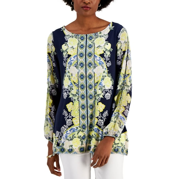 JM Collection Womens Printed Top Navy Peony Combo XS