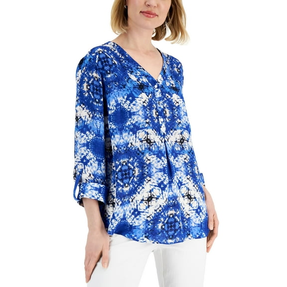 JM Collection Womens Printed Y-Neck Top Deep Cobalt Combo XL