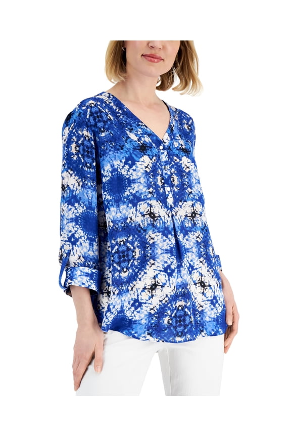Womens Printed Y-Neck Top Deep Cobalt Combo XL
