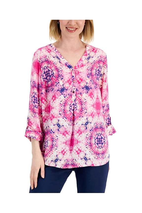 Womens Printed Y-Neck Top Fuchsia Tulip Combo S