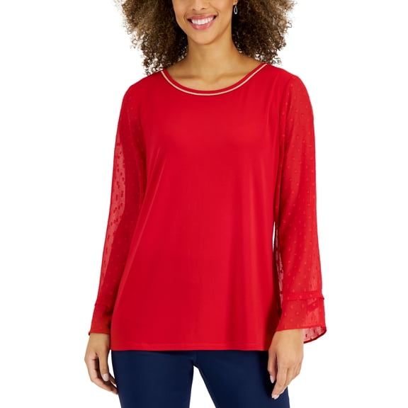 JM Collection Womens Sequin Neck Sheer Sleeve Top Real Red L