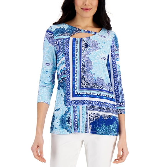 JM Collection Womens Serafina Patchwork Print Top Deep Cobalt Combo M