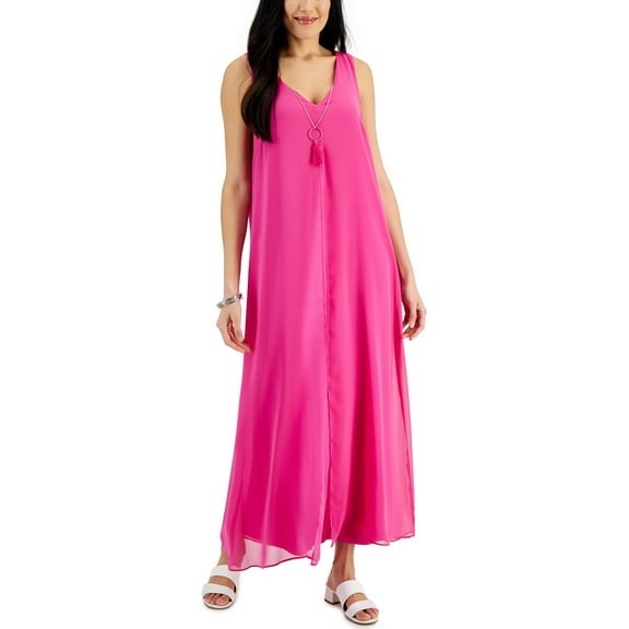 JM Collection Womens Chiffon Overlay Sleeveless Dress Fuchsia Tulip M