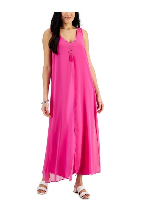Womens Chiffon Overlay Sleeveless Dress Fuchsia Tulip M