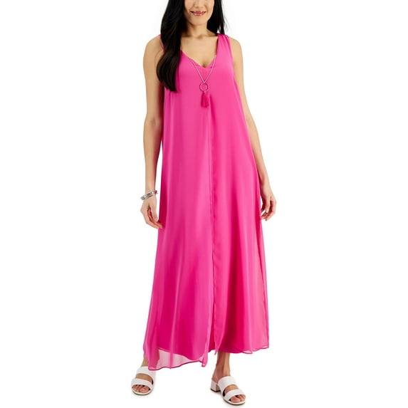 JM Collection Womens Chiffon Overlay Sleeveless Dress Fuchsia Tulip M