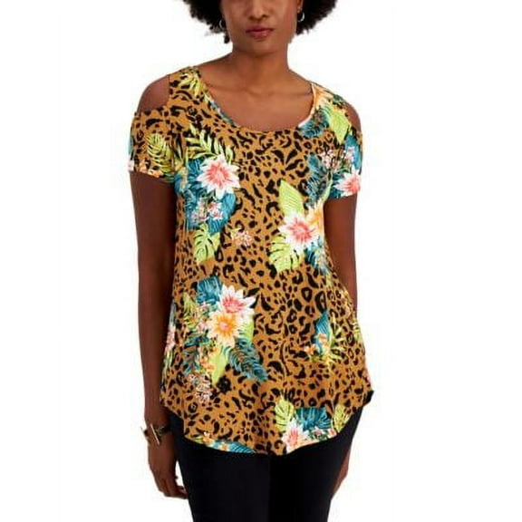 JM Collection Womens Tropical Wilderness Cold Shoulder Top Taupe Flash Combo L