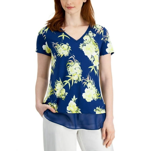 JM Collection Womens V-Neck Short Sleeve Floral Layered-Look Top Navy Peony Combo L