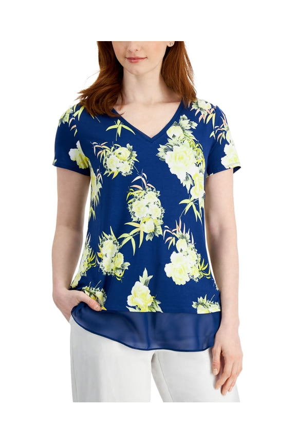 Womens V-Neck Short Sleeve Floral Layered-Look Top Navy Peony Combo XL