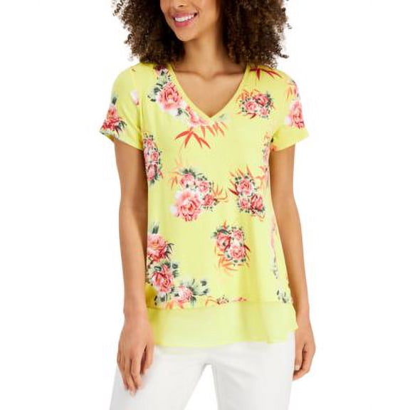 JM Collection Womens V-Neck Short Sleeve Floral Layered-Look Top Noueva Yellow Combo L