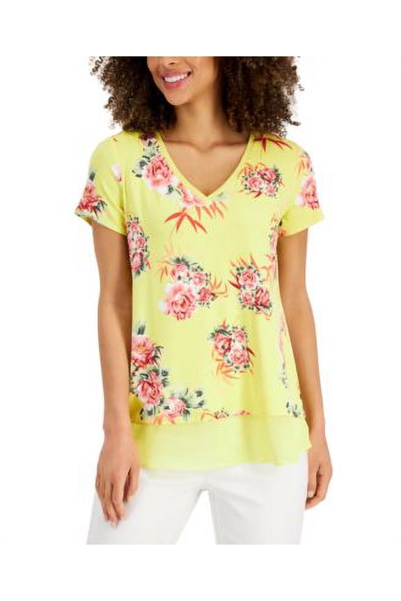 Womens V-Neck Short Sleeve Floral Layered-Look Top Noueva Yellow Combo L