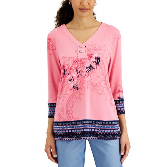 JM Collection Womens V-Neck Tunic Pink Gemstone Combo 2XL