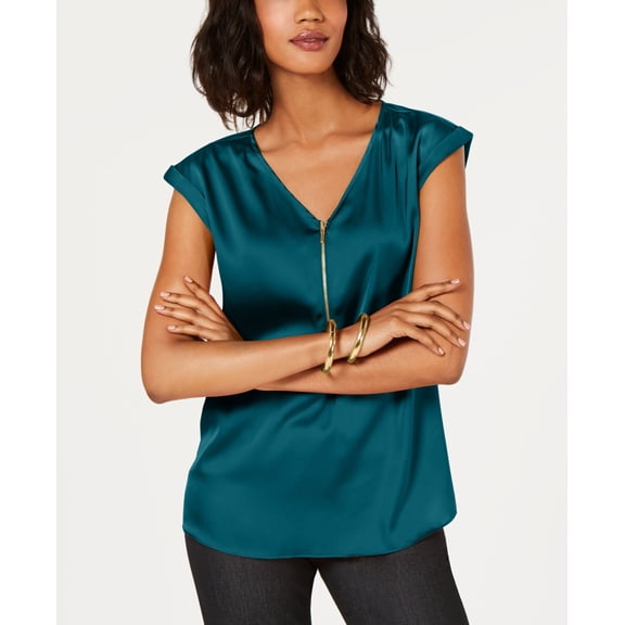 JM Collection Zip Front Blouse Dark Green XS