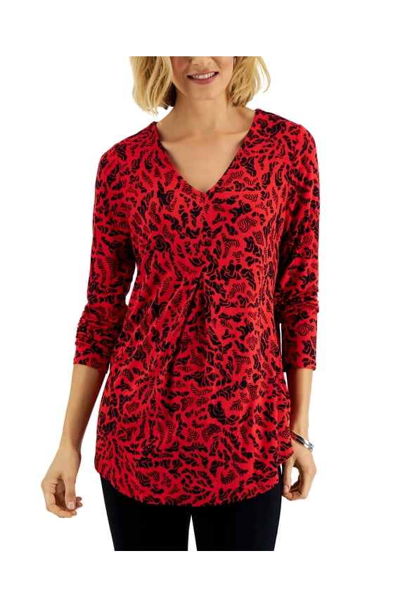 s Womens Printed 3/4 Sleeve V Neck Top Real Red Combo S