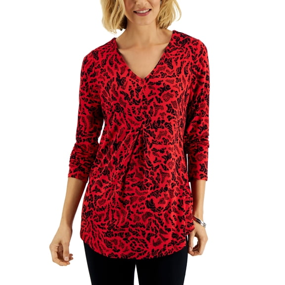 JM Collections Womens Printed 3/4 Sleeve V Neck Top Real Red Combo XS