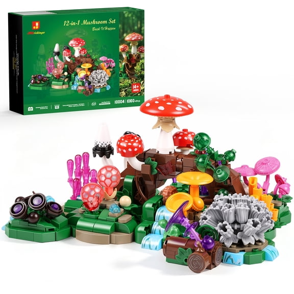 JMBricklayer 12 in 1 Mushroom Building Set, 1060 Pcs Botanical Wonderland Kit for Adults & Teens 14+