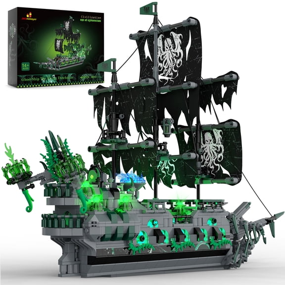 JMBricklayer Flying Dutchman Ghost Ship Building Blocks Set for Adults, 1100 Pcs Display Toy with LED Lights