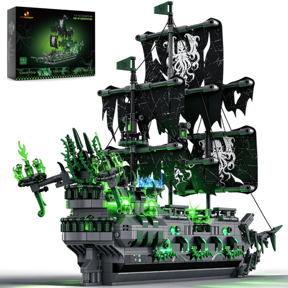 JMBricklayer Flying Dutchman Ghost Ship Building Blocks Set for Adults, 1100 Pcs Display Toy with LED Lights