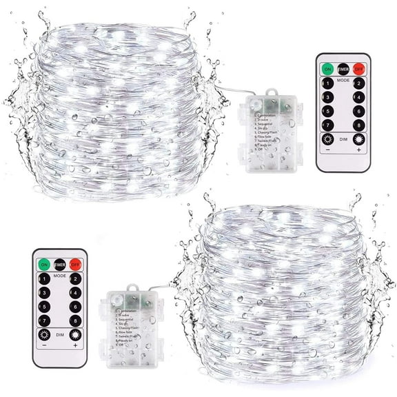 JMEXSUSS 2 Pack 100 LED Fairy Lights Battery Operated, 33ft White String Lights with Remote, 8 Mode Twinkle Lights for Bedroom Indoor Outdoor Decorations