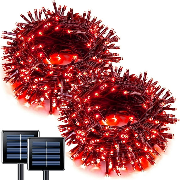 JMEXSUSS 2 Pack 100 LED Red Solar Christmas Lights Outdoor Waterproof, 42.7ft Solar Valentine String Lights, 8 Modes Solar Lights for Christmas Tree, Party Decorations