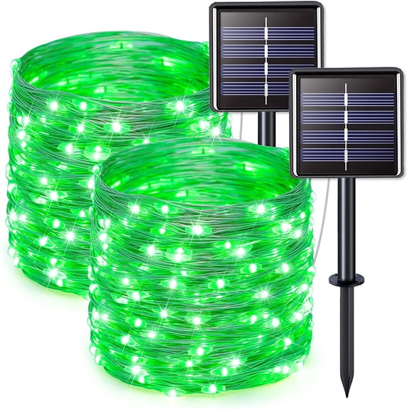 JMEXSUSS 2 Pack 100 LED Solar String Lights Outdoor Waterproof, 33ft Green Solar Christmas Lights,8 Modes Solar Fairy Lights for St. Patrick's Day Patio Tree Party Decorations