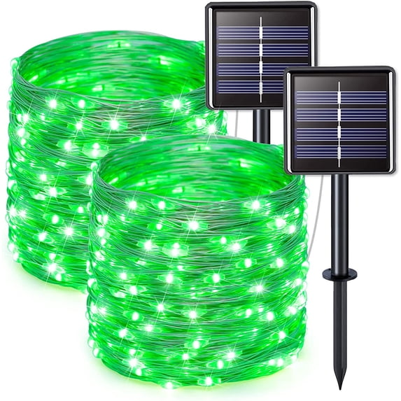 JMEXSUSS 2 Pack 100 LED Solar String Lights Outdoor Waterproof, 33ft Green Solar Christmas Lights,8 Modes Solar Fairy Lights for St. Patrick's Day Patio Tree Party Decorations