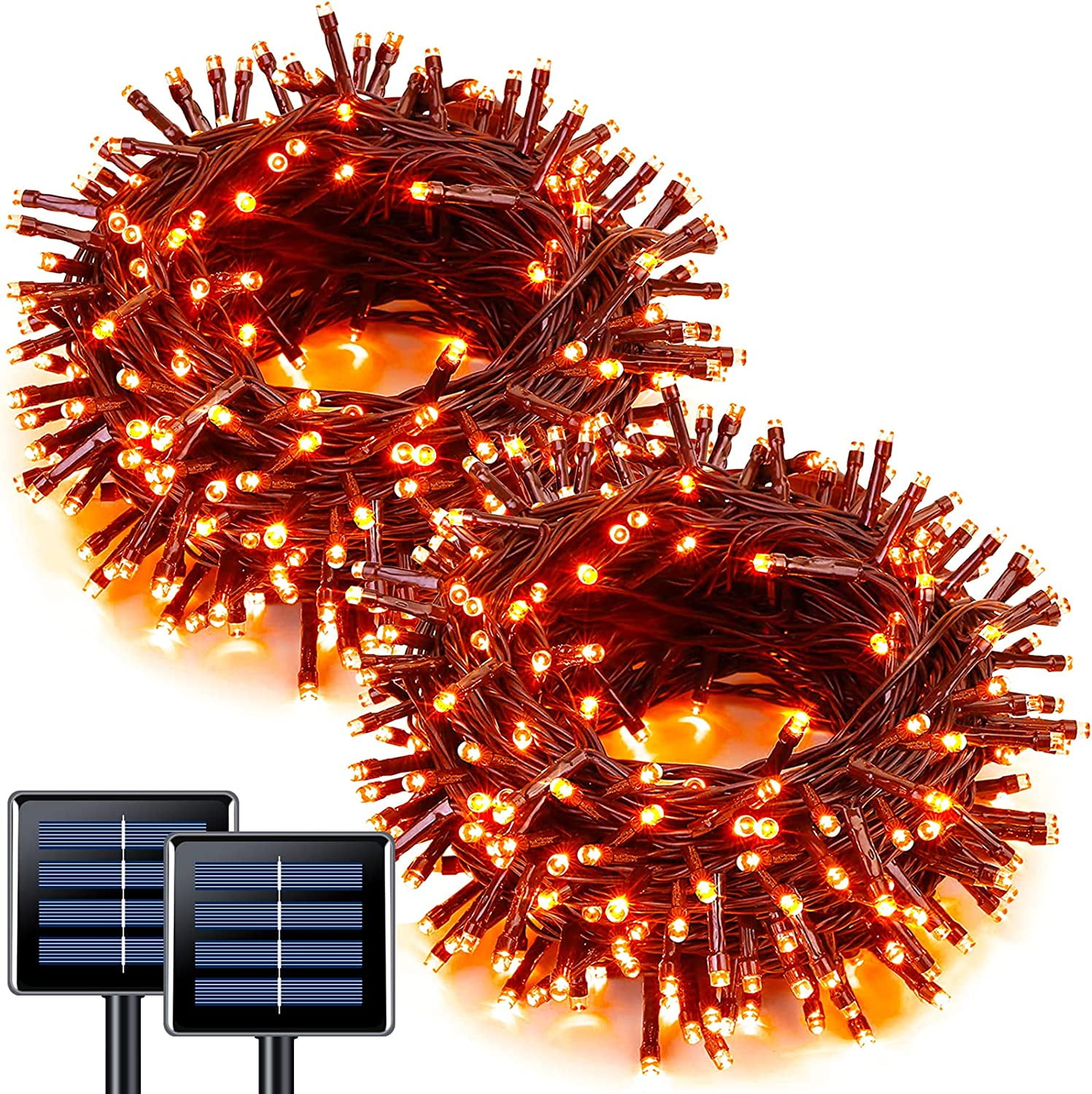 JMEXSUSS 2 Pack Orange Halloween Solar Lights Outdoor Waterproof, Each 100 LED 42.7ft Orange Halloween Lights with 8 Modes, Orange Solar Lights for Christmas, Garden, Patio, Halloween Decorations