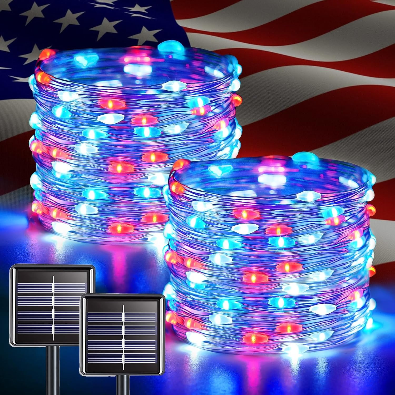 JMEXSUSS 2 Pack Red White and Blue Solar Lights, Each 100 LED 33FT