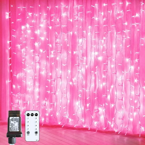 JMEXSUSS 300 LED Pink Christmas Curtain Lights Indoor, Pink String Lights Plug in, 8 Modes Pink Fairy Lights for Bedroom Window Wall Party Backdrop Valentine Xmas Decorations, 9.8x9.8ft
