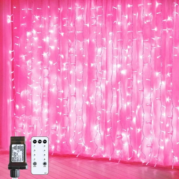 JMEXSUSS 300 LED Pink Christmas Curtain Lights Indoor, Pink String Lights Plug in, 8 Modes Pink Fairy Lights for Bedroom Window Wall Party Backdrop Valentine Xmas Decorations, 9.8x9.8ft