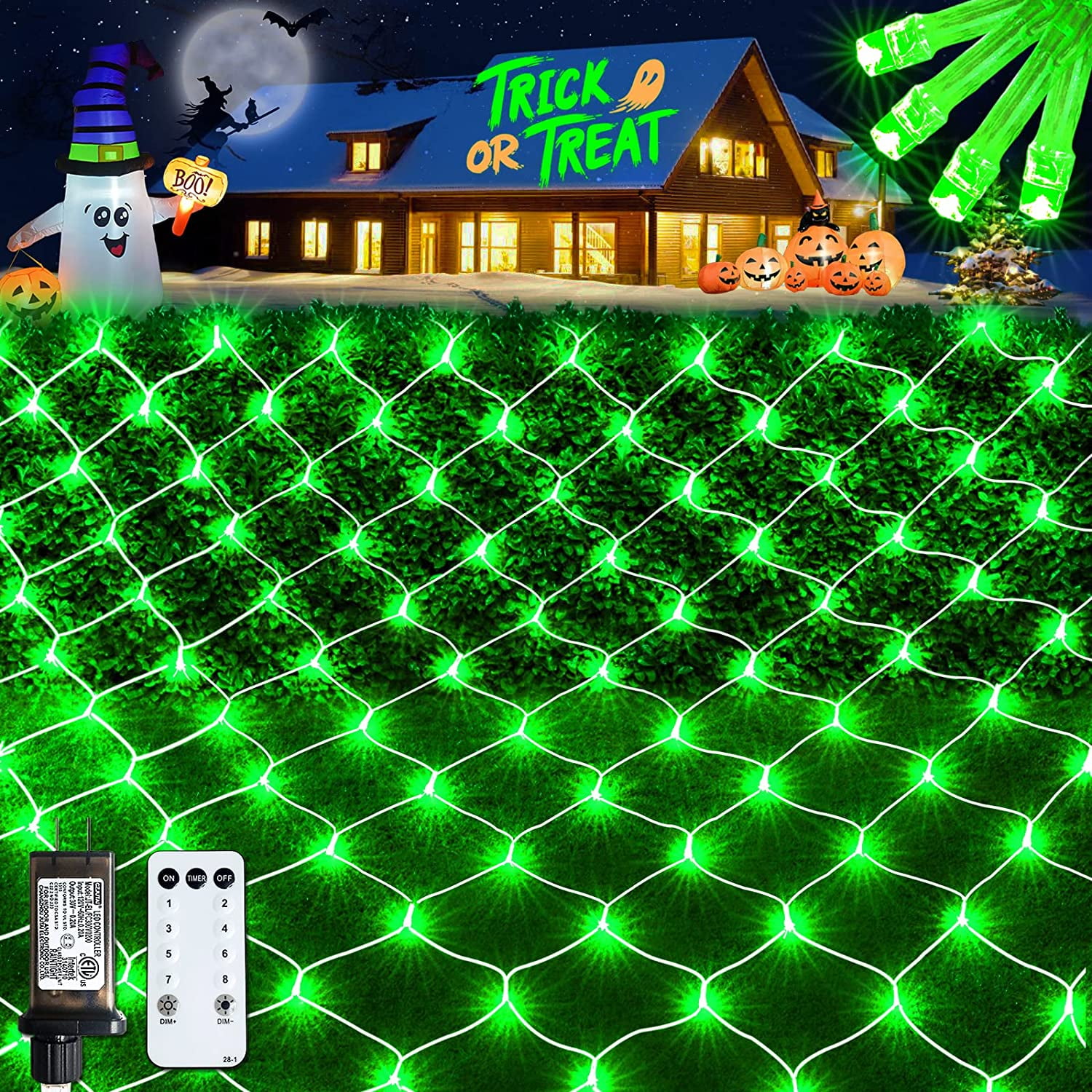 JMEXSUSS Green Halloween Net Lights 360 LED 12ft x 5ft Bush Lights Outdoor with Remote Plug in 8