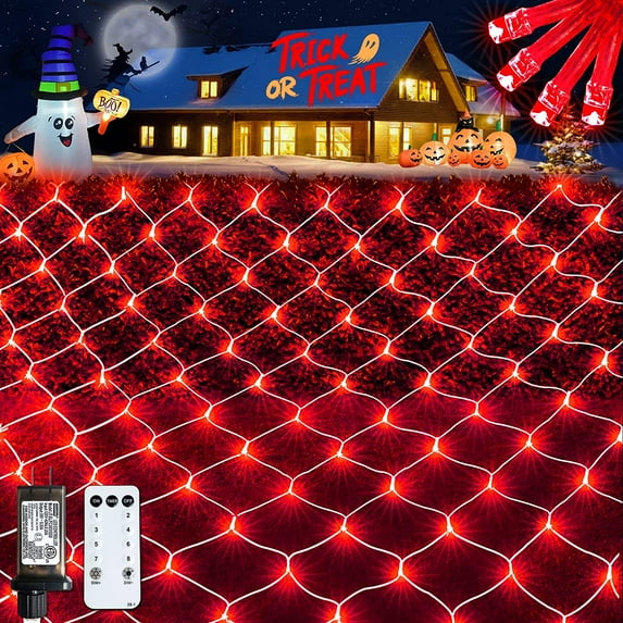 JMEXSUSS Red Halloween Net Lights 360 LED 12ft x 5ft Bush Lights Outdoor with Remote Plug in 8 Modes Connectable Mesh Lights for Christmas Decorations(Transparent Wire)