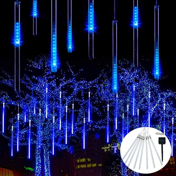JMEXSUSS Solar Christmas Lights Outdoor Waterproof, Blue Solar Meteor Shower Rain Lights, 8 Tube 144 LEDs Solar Icicle Tree Lights for Yard Party Patio Xmas Decoration
