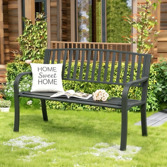 JMGJOY Outdoor Bench, Weatherproof Garden Bench, Metal Bench with Striped Pattern Backrest, for Patio, Porch, Park, Lawn