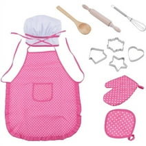 JMH Girls Kitchen Play Set 11pcs Cook Set for Kids - Pretend Play Toys in Pink, with Dress up Costume and Accessories